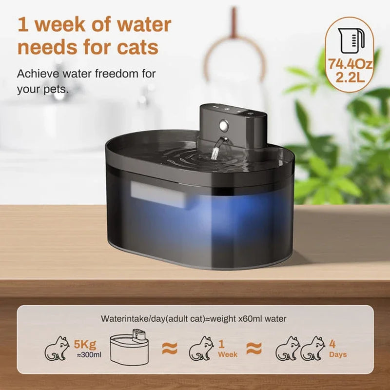 automatic pet water fountain, rechargeable cat water dispenser, dog water fountain, quiet pet hydration tool, 3 flow mode water bowl