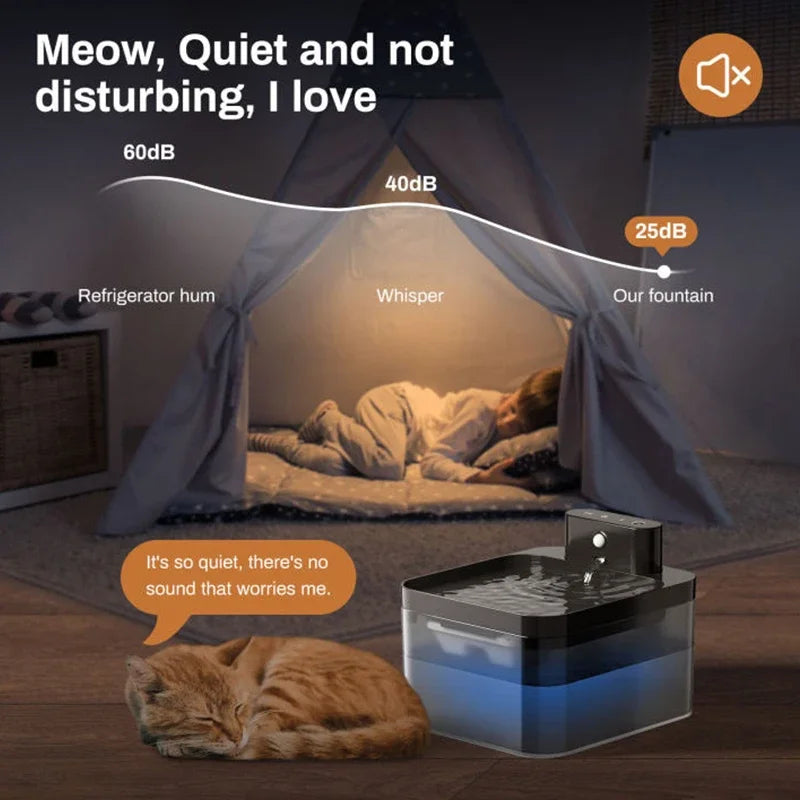 automatic pet water fountain, rechargeable cat water dispenser, dog water fountain, quiet pet hydration tool, 3 flow mode water bowl