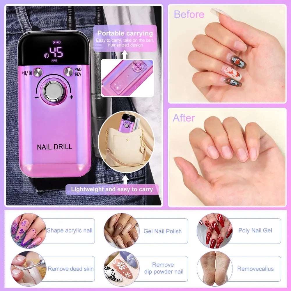 electric nail drill, rechargeable nail grooming tool, professional nail drill set, USB nail drill, gel polish removal tool
