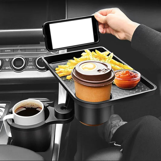 car cup holder tray, expandable drink organizer, vehicle snack tray, car storage accessory, multi functional cup holder
