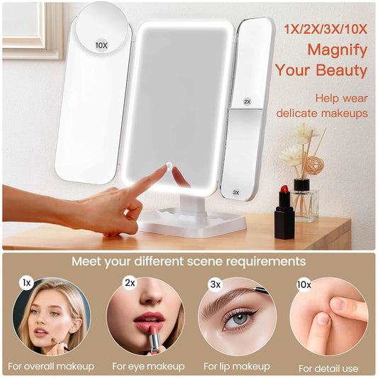 LED makeup mirror, magnifying vanity mirror, touchscreen beauty mirror, lighted cosmetic mirror, 10x magnification mirror